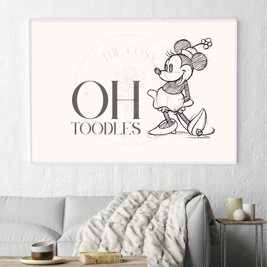 Hand-drawn Minnie Mouse print with "Oh boy!" quote in a playful Disney style.