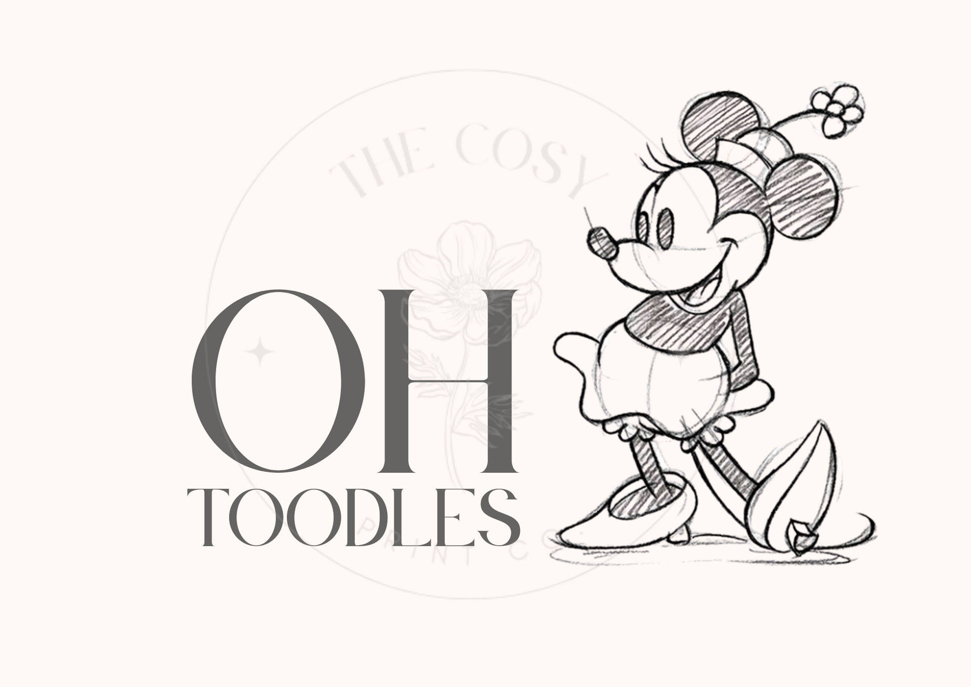 Hand-drawn Minnie Mouse print with "Oh boy!" quote in a playful Disney style.