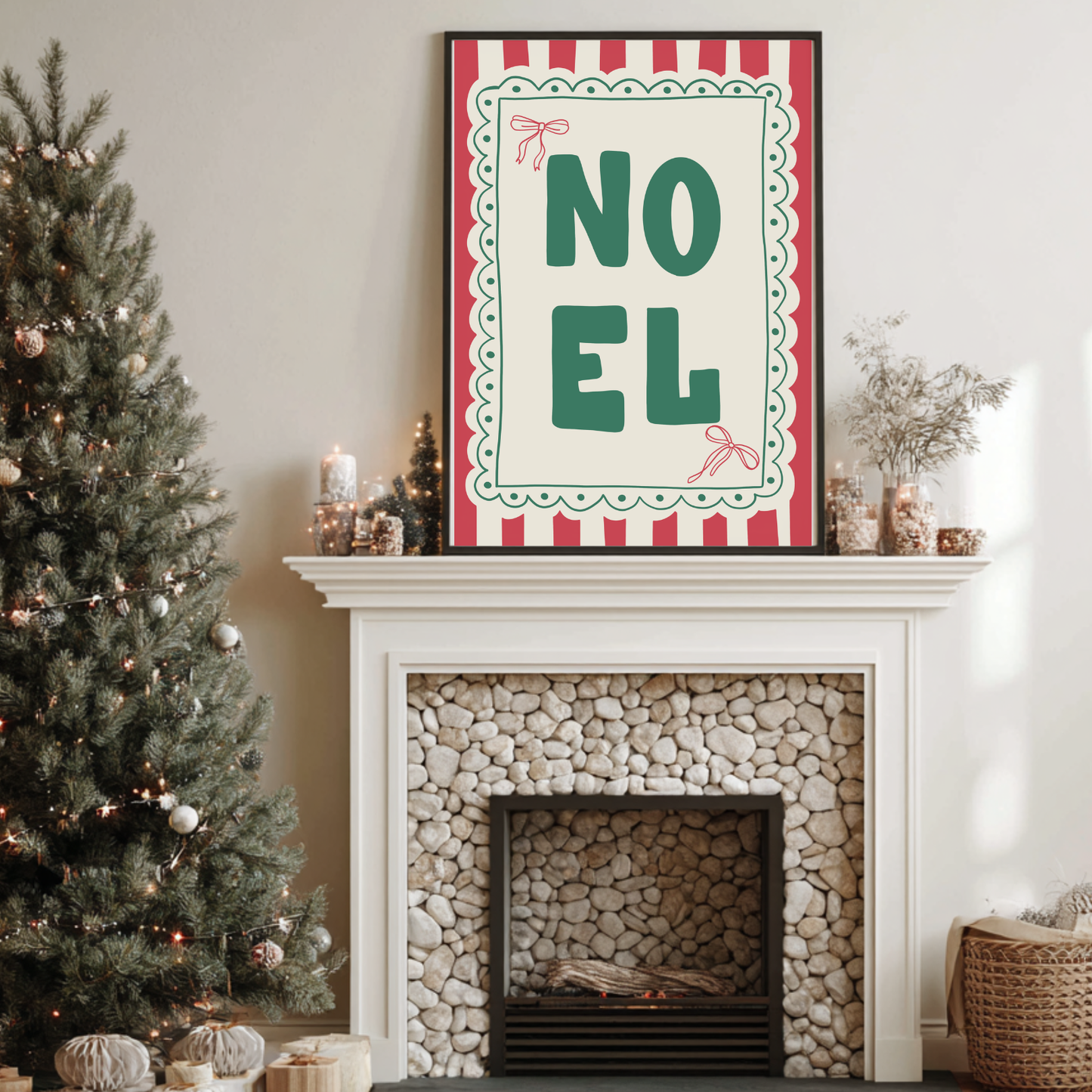 Hand-drawn Noel print with bold lettering on green, cream, and red traditional festive stripes printed on ColourLok paper.