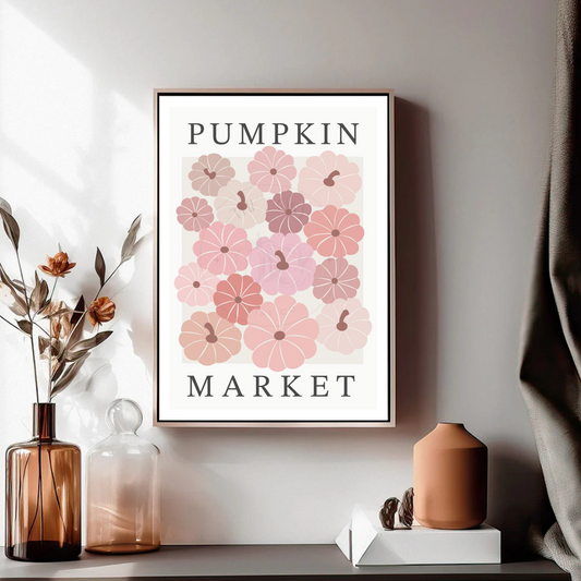 Hand-drawn “Pumpkin Market” print with clean black text, bordered design, and soft pumpkins in warm pink, taupe, and purple. Printed on 200gsm high-quality card with ColourLok™ finish. Perfect for hallway, console table, or living room décor.