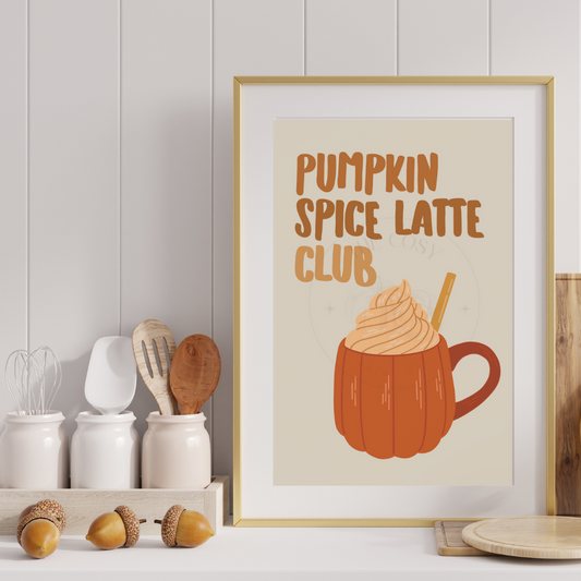 Hand-drawn “Pumpkin Spice Latte Club” wall art in warm orange and cream tones on 200gsm high-quality card with ColourLok™. Ideal for hallway, console table, or kitchen décor.