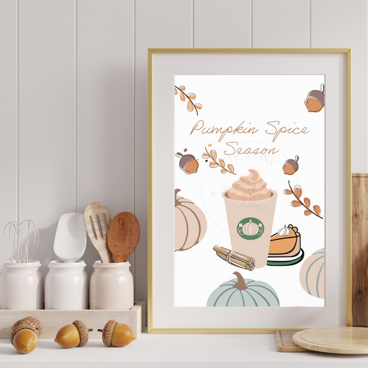 Hand-drawn Pumpkin Spice Season coffee print featuring a cosy autumn latte cup in warm orange and brown tones.