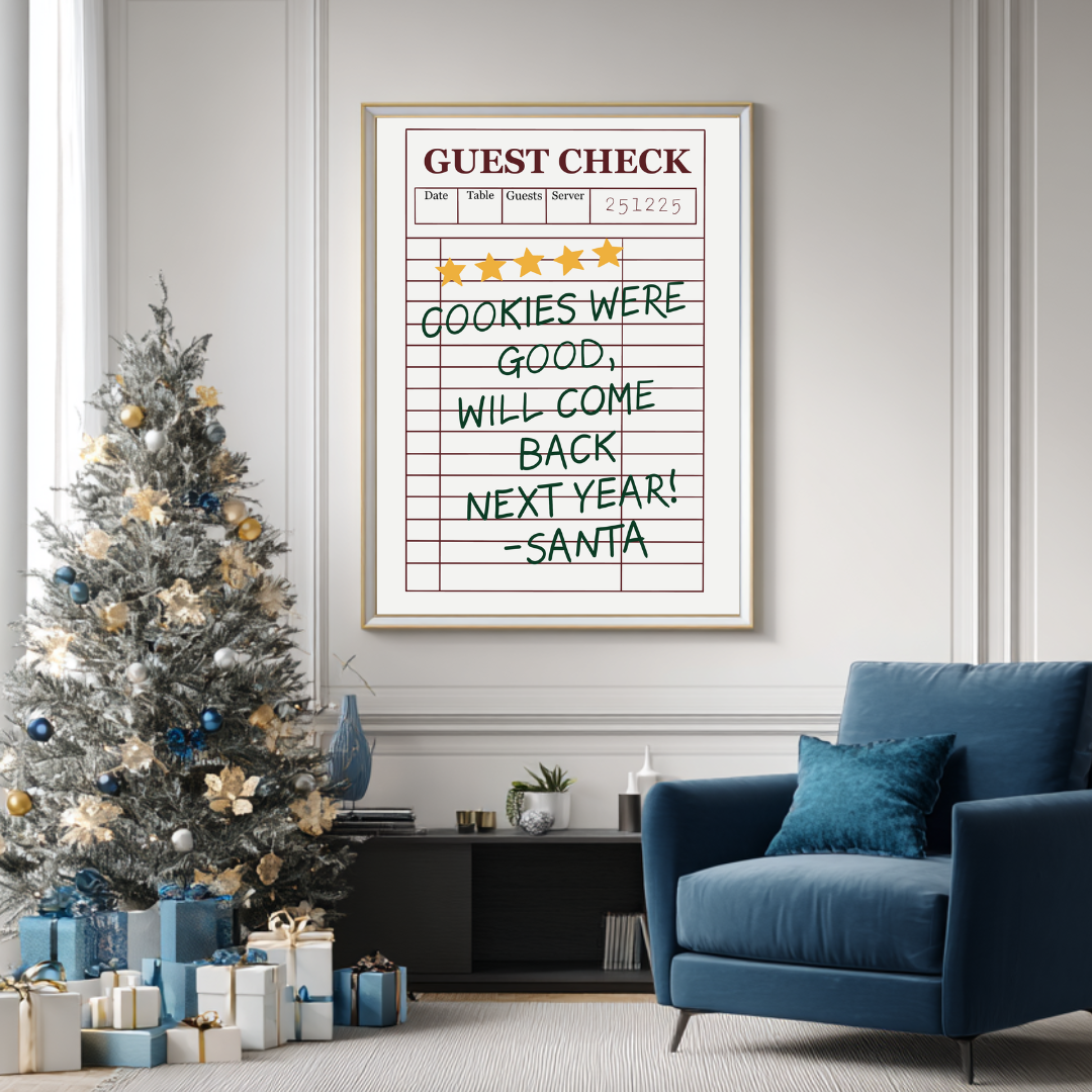 Hand-drawn Santa check print reading “Cookies Were Good, Would Come Again – Santa.”