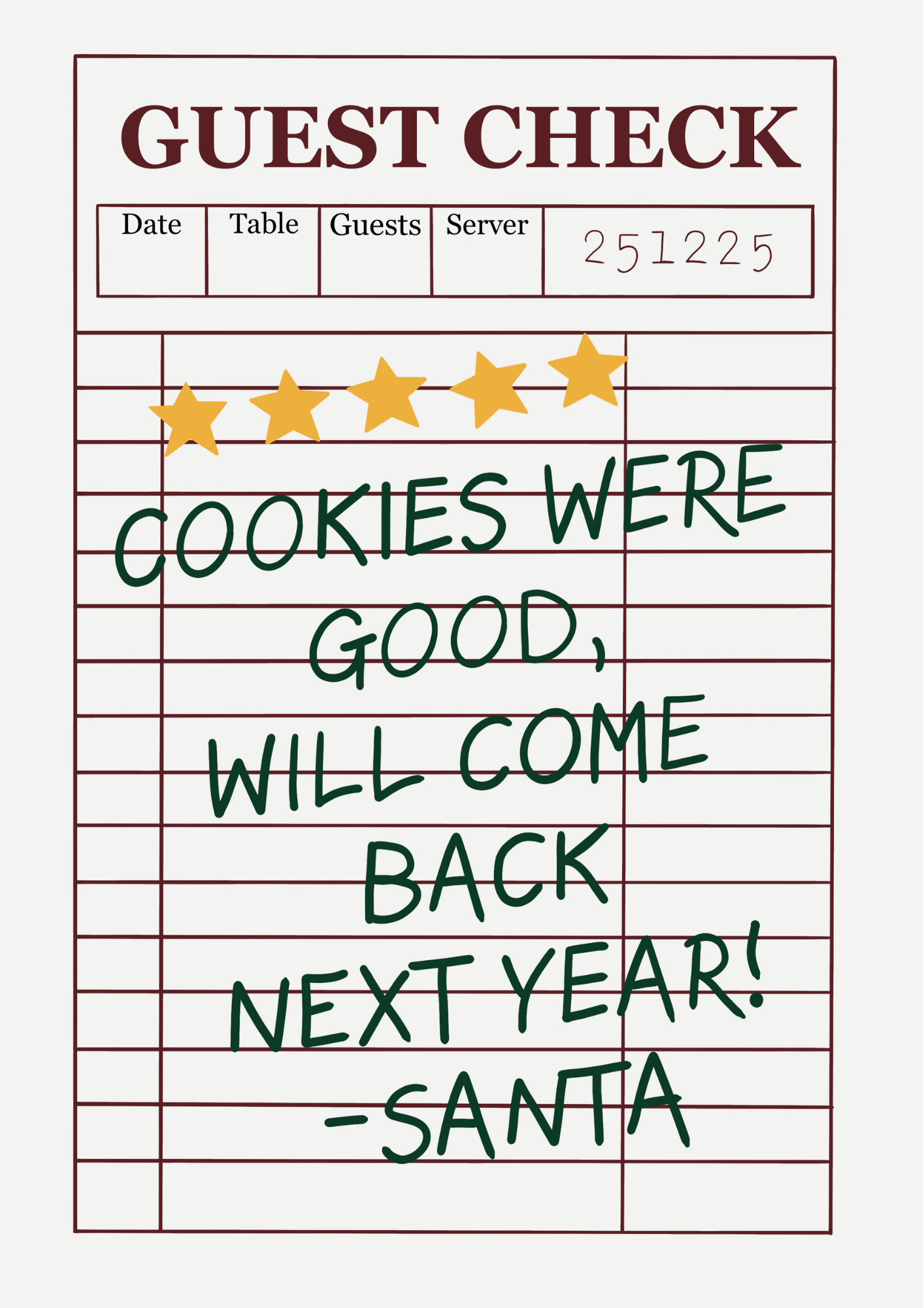 Hand-drawn Santa check print reading “Cookies Were Good, Would Come Again – Santa.”