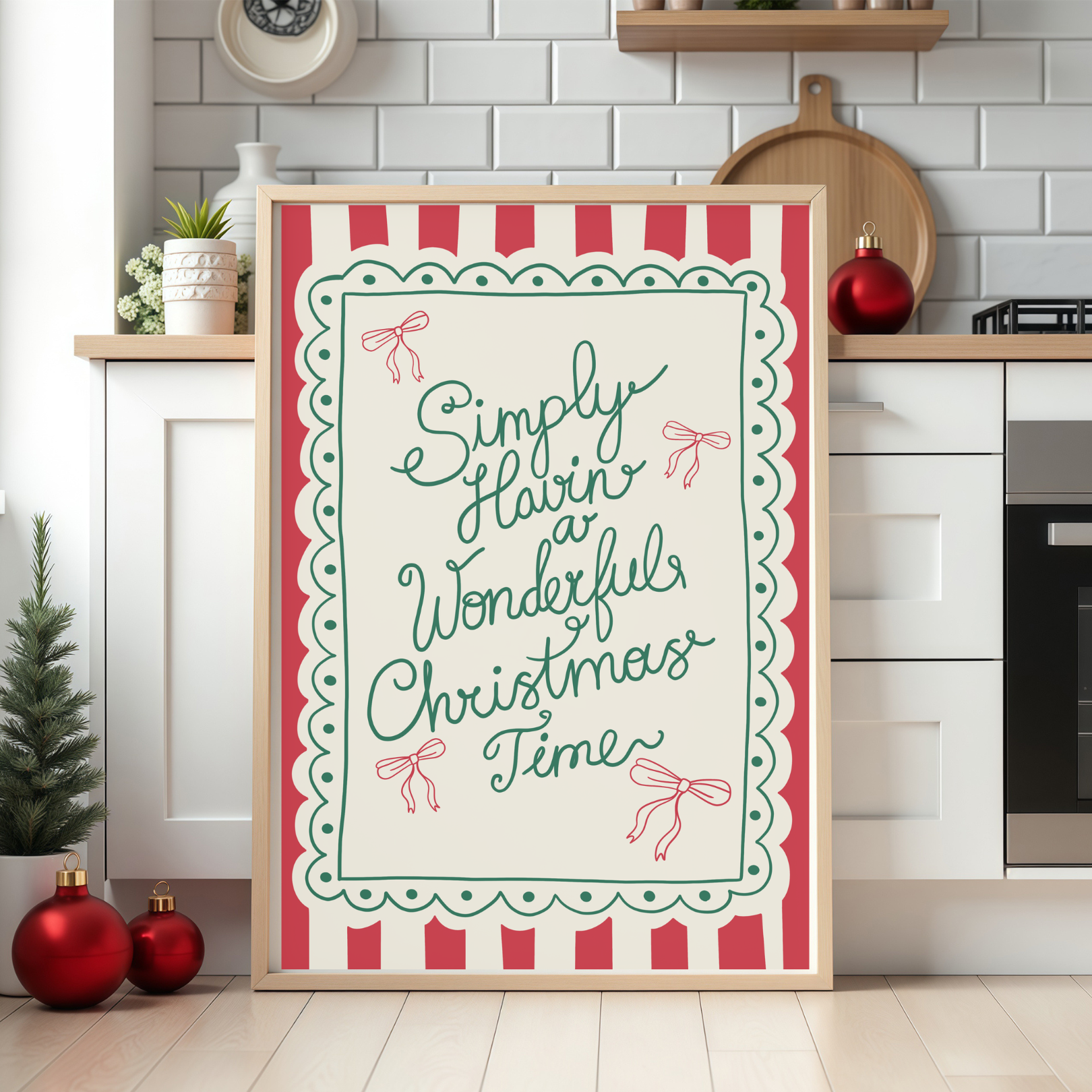Hand-drawn Simply Having a Wonderful Christmas Time print with traditional festive stripes on ColourLok paper.