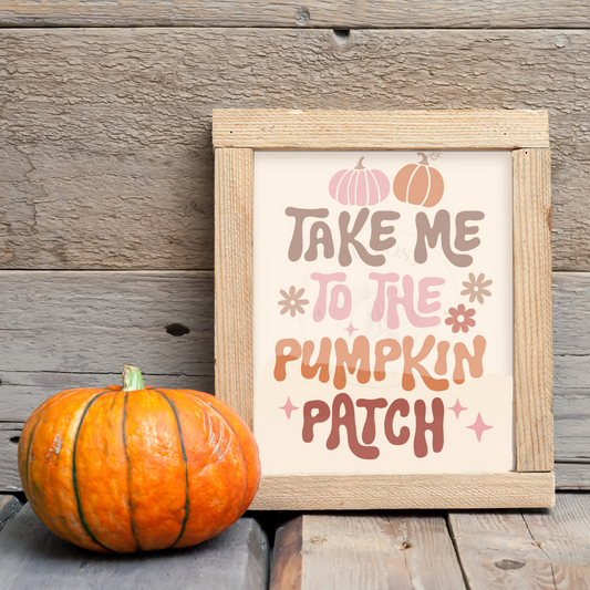 Hand-drawn “Take Me to the Pumpkin Patch” wall art on 200gsm high-quality card with ColourLok™ finish in warm autumn colours. Ideal for hallway, console table, or kitchen décor.