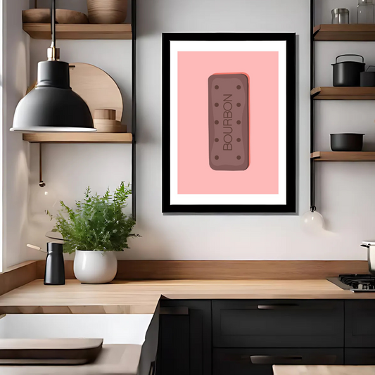 Hand-drawn art print of a Bourbon biscuit with warm, nostalgic detail – part of The Cosy Print Company’s Tea and Biscuit collection