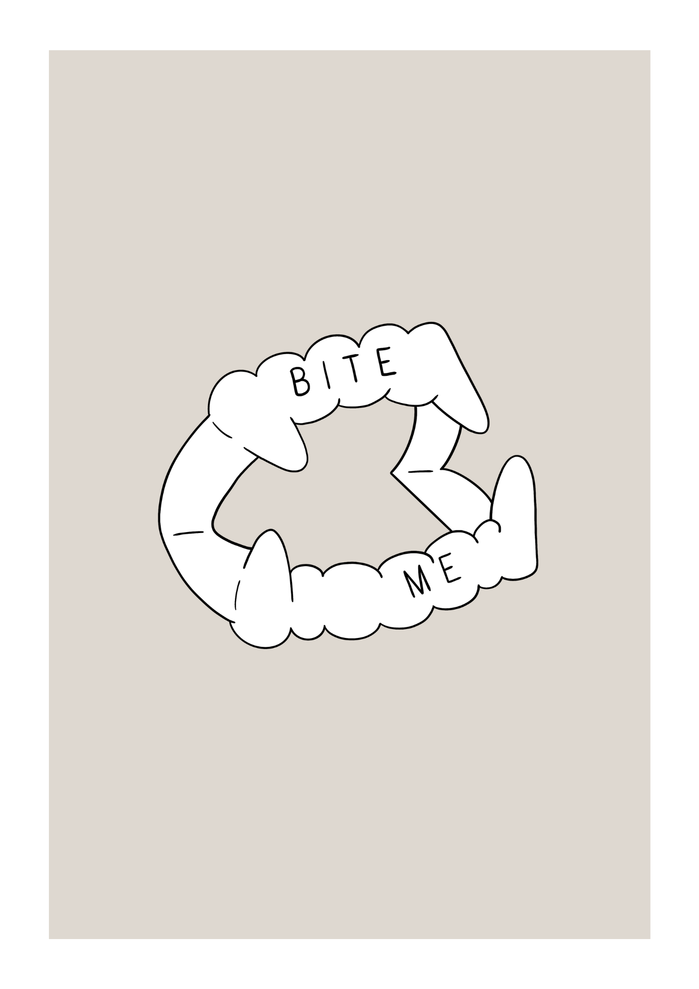 Hand-drawn black and white line art print of vampire teeth with the phrase “Bite Me” on a cream background – Halloween wall art by The Cosy Print Company, printed on 200gsm Colour-Lock™ paper.