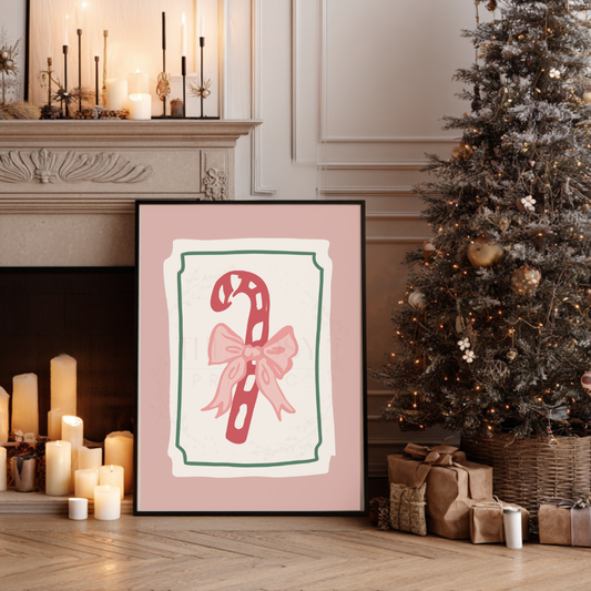 Hand-drawn candy cane in soft pinks and greens with stripes.