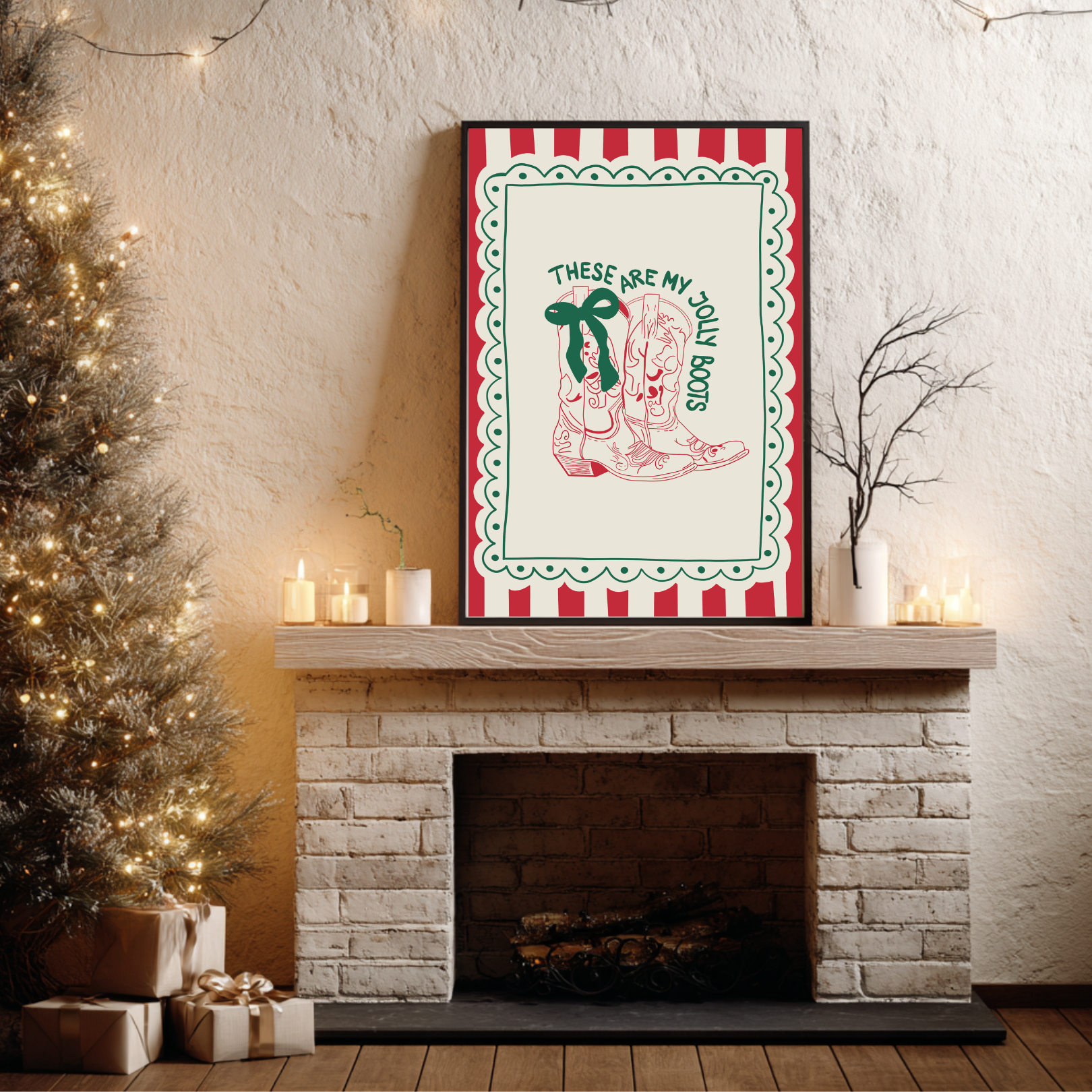 Hand-drawn cosy Christmas boots print with the phrase These Are My Jolly Boots on ColourLok paper.