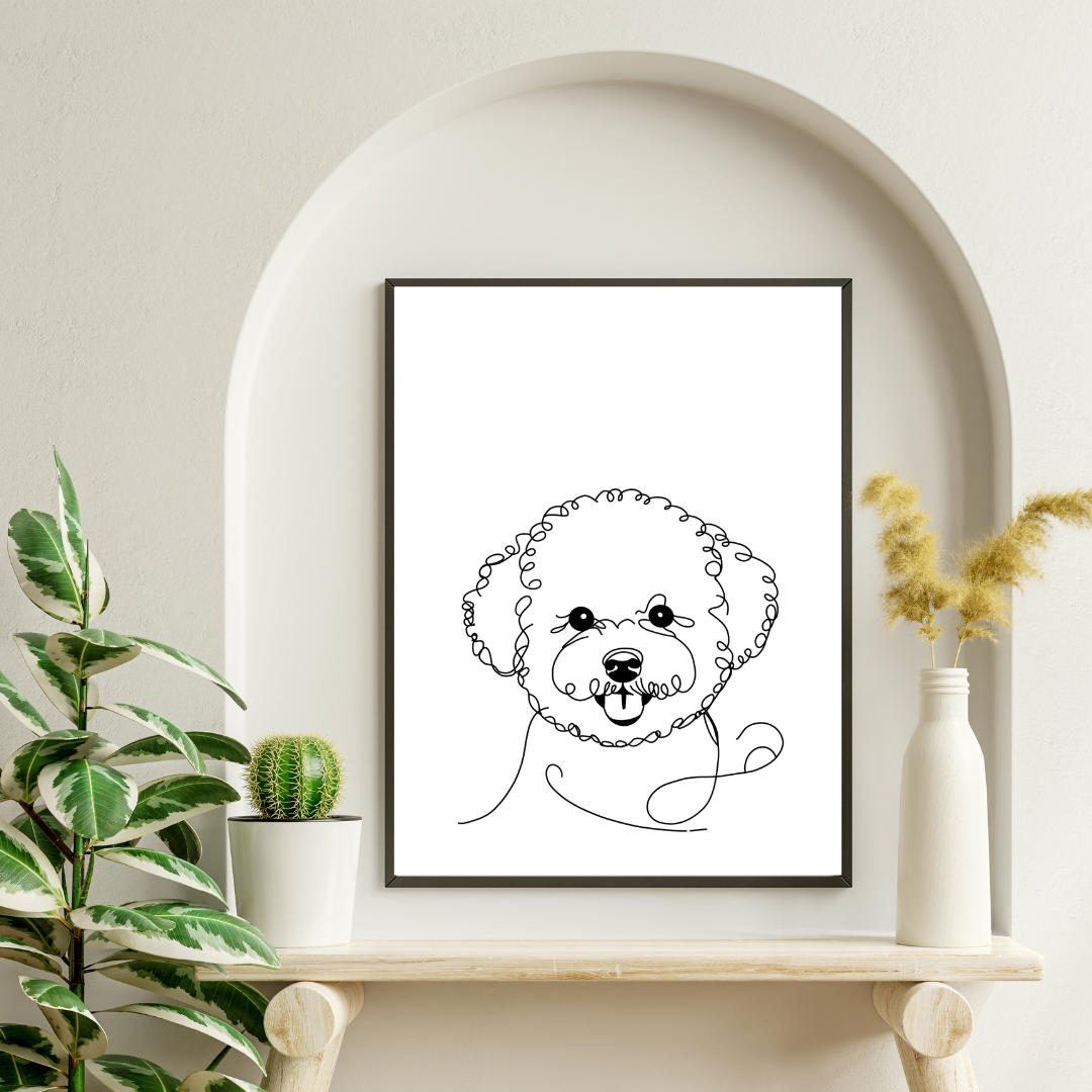 Hand-drawn minimalist Bichon Frise pet portrait in black line art on a white background, personalised with the dog’s name