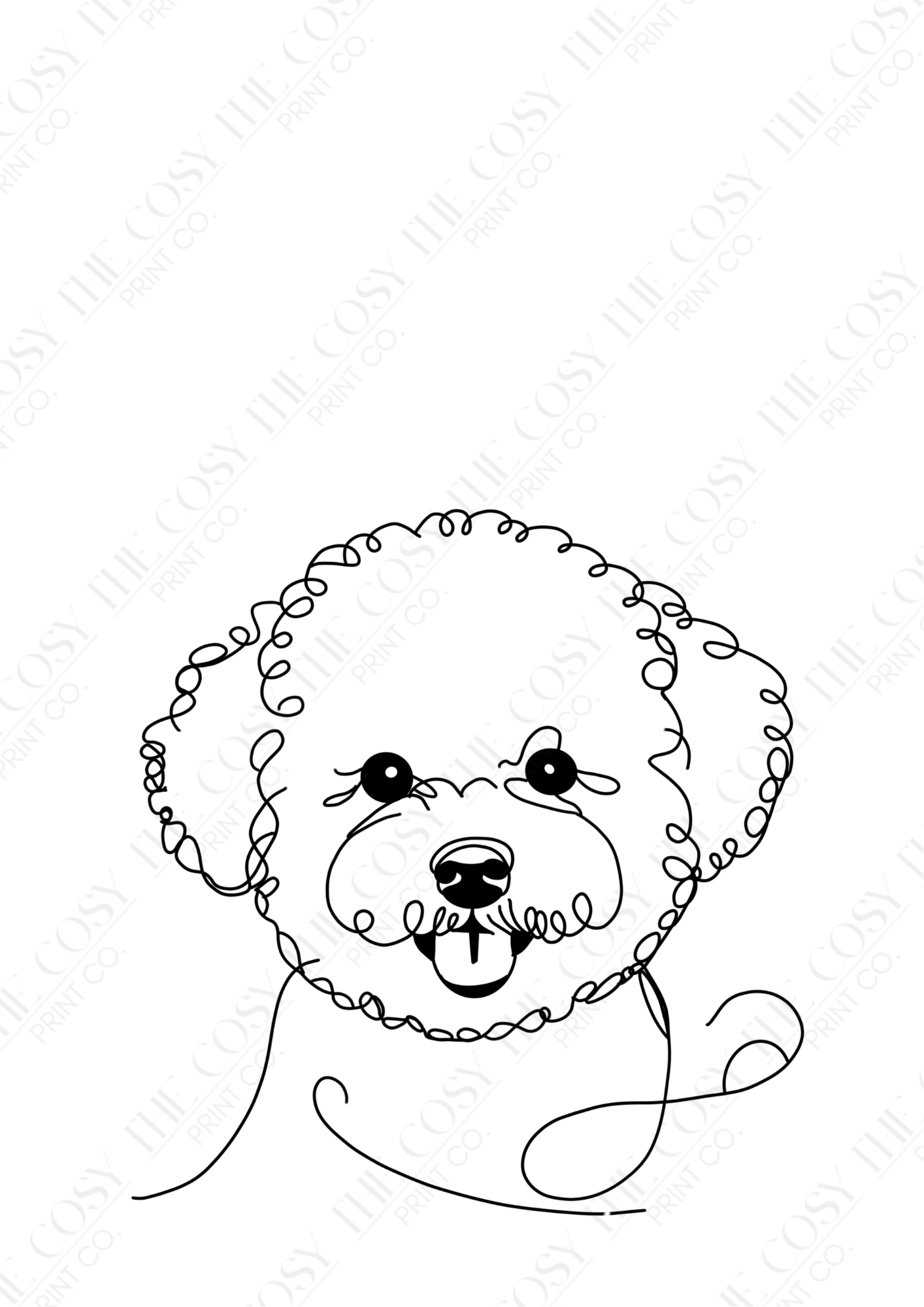 Hand-drawn minimalist Bichon Frise pet portrait in black line art on a white background, personalised with the dog’s name