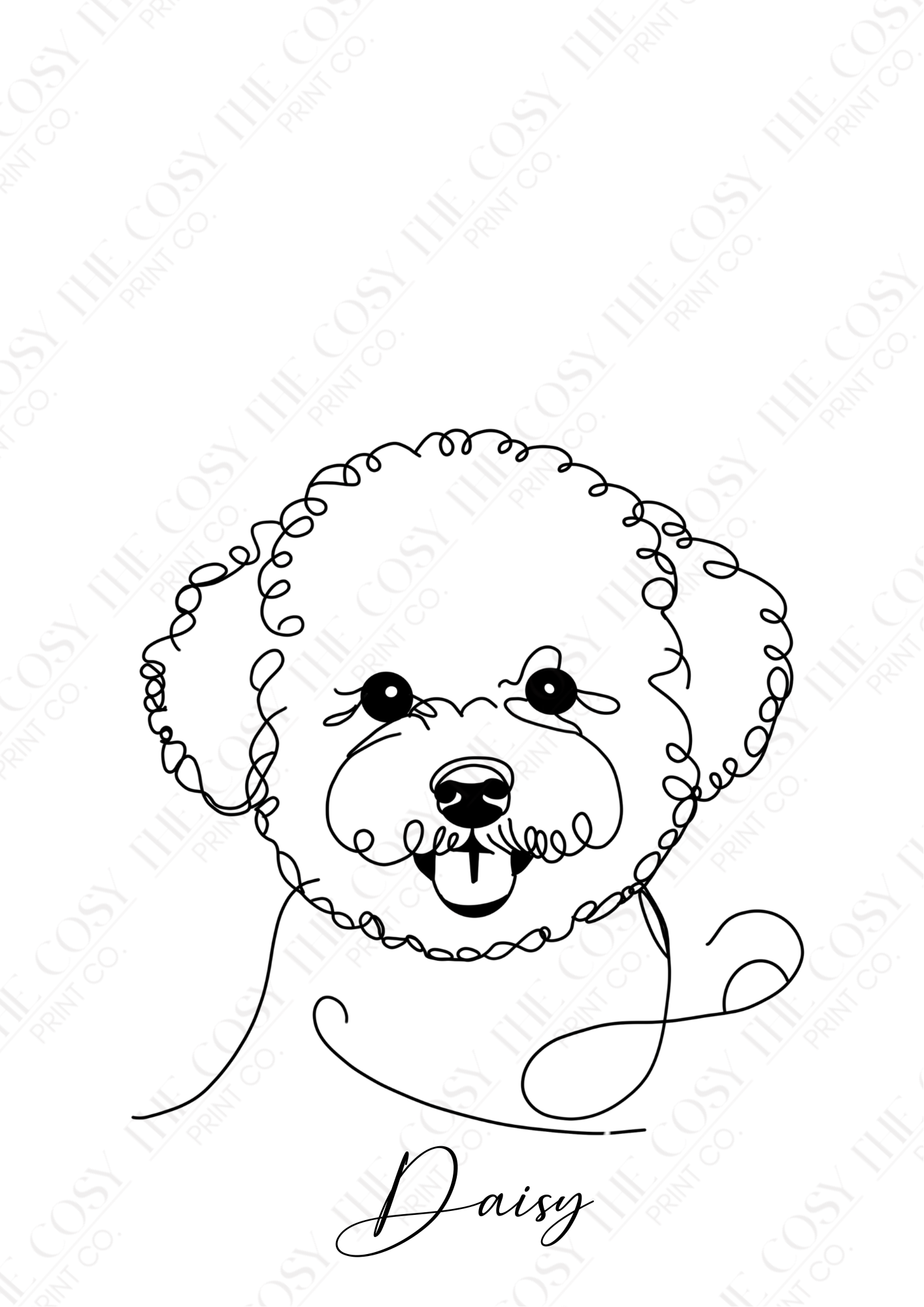 Hand-drawn minimalist Bichon Frise pet portrait in black line art on a white background, personalised with the dog’s name