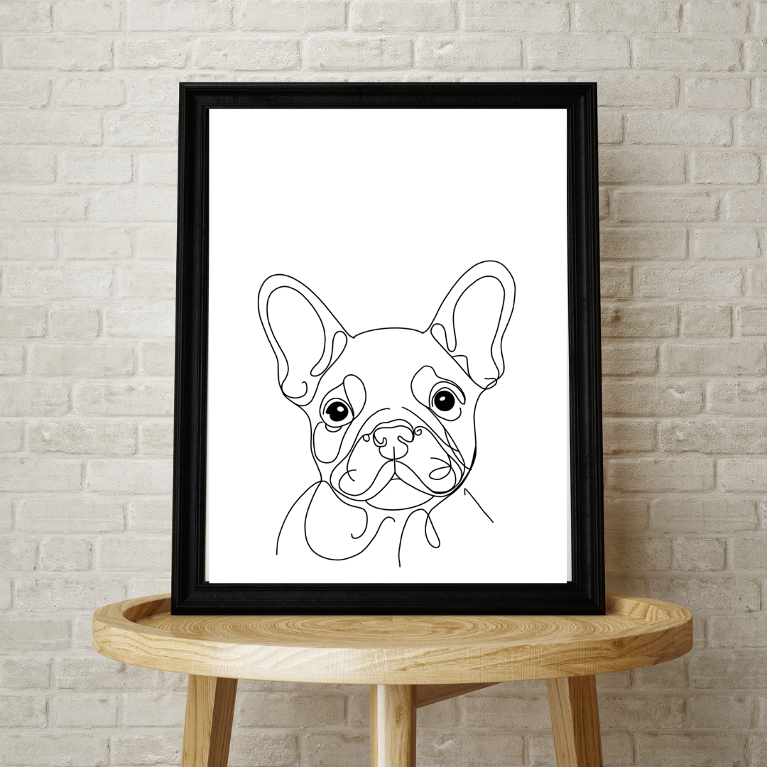 Hand-drawn minimalist French Bulldog pet portrait in black line art on a white background, personalised with the dog’s name.