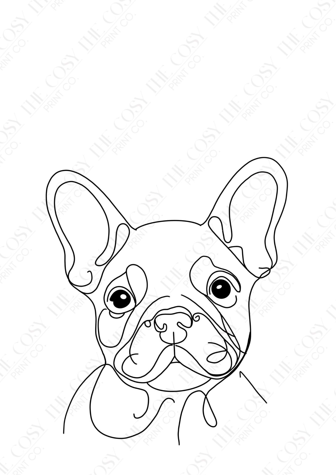 Hand-drawn minimalist French Bulldog pet portrait in black line art on a white background, personalised with the dog’s name.