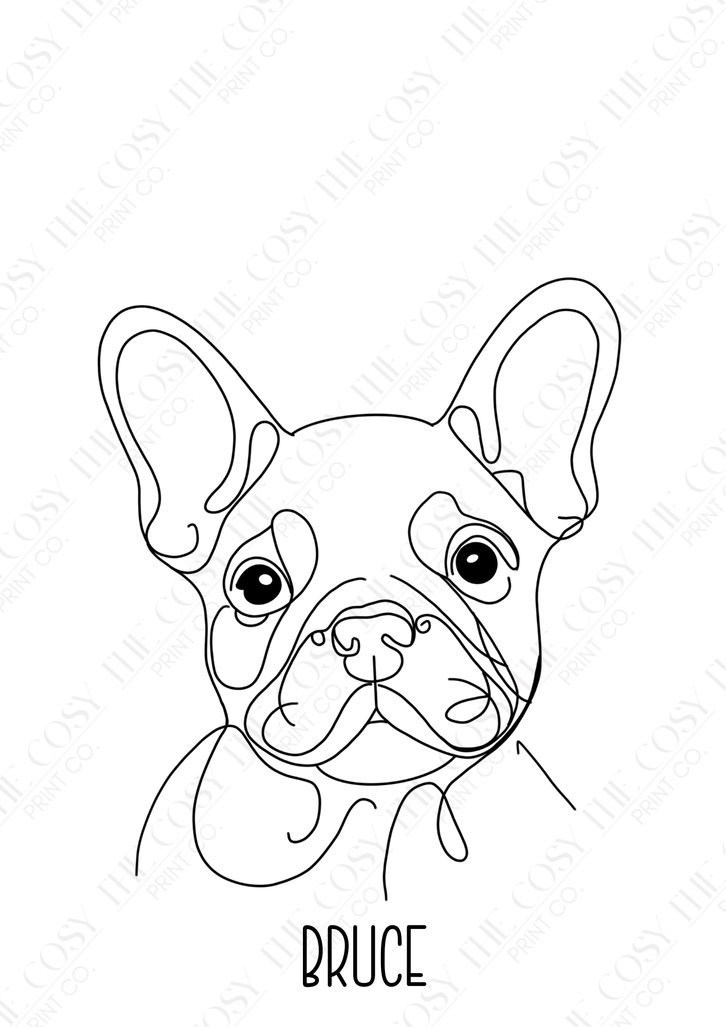 Hand-drawn minimalist French Bulldog pet portrait in black line art on a white background, personalised with the dog’s name.