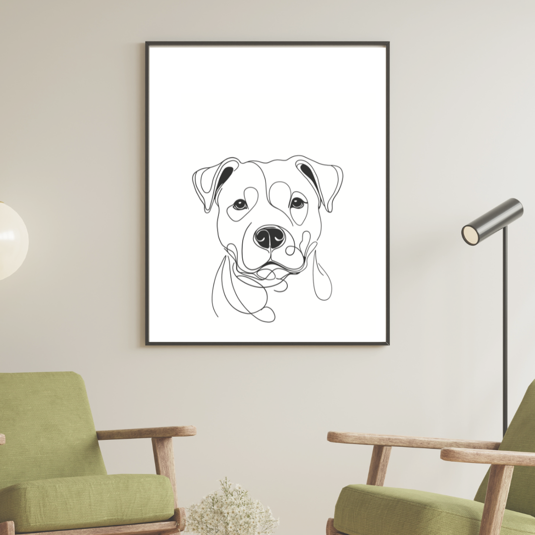 Hand-drawn minimalist line art illustration of a Staffordshire Bull Terrier. Black line drawing on white background, customisable with your dog’s name