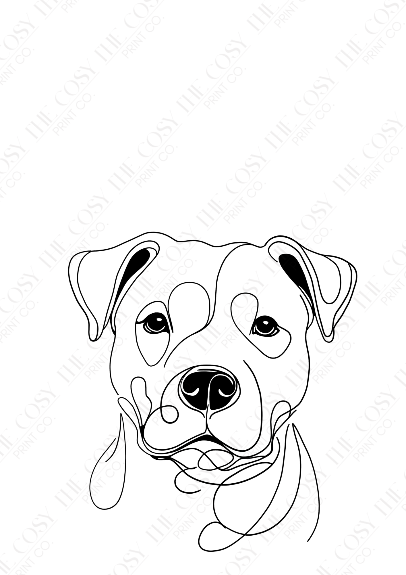 Hand-drawn minimalist line art illustration of a Staffordshire Bull Terrier. Black line drawing on white background, customisable with your dog’s name