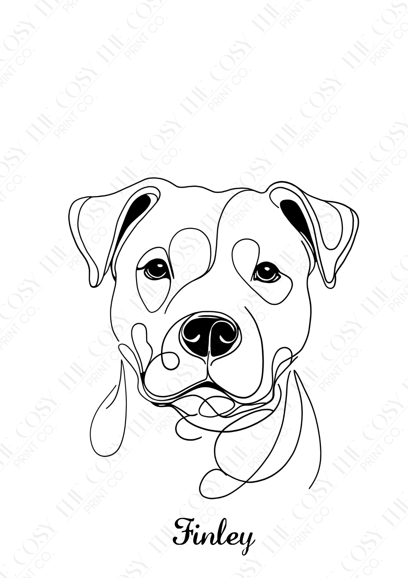 Hand-drawn minimalist line art illustration of a Staffordshire Bull Terrier. Black line drawing on white background, customisable with your dog’s name