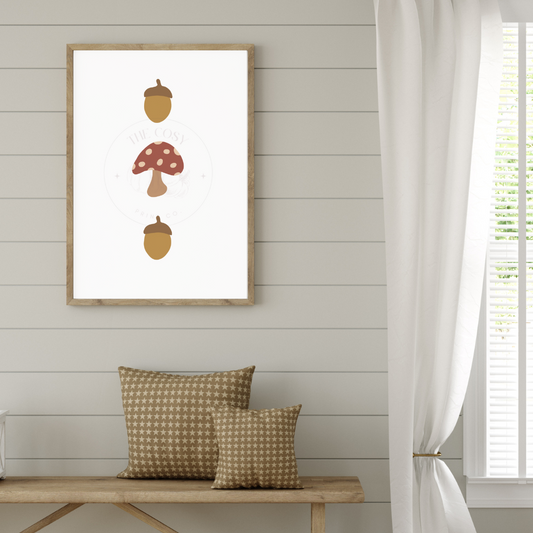 Hand-drawn mushroom and acorn autumn print – rustic woodland wall art in warm earthy tones