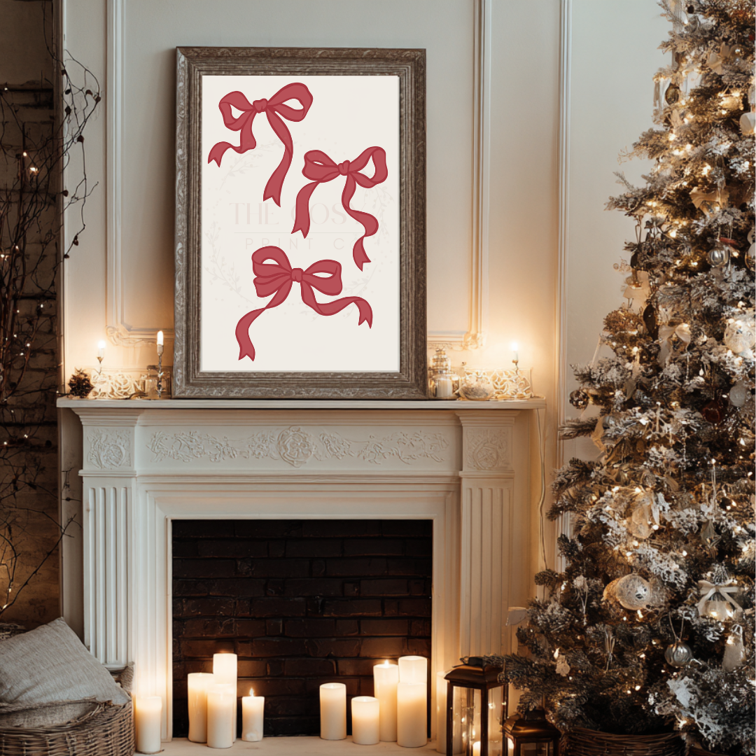 Hand-drawn red bows on a cream background Christmas print.