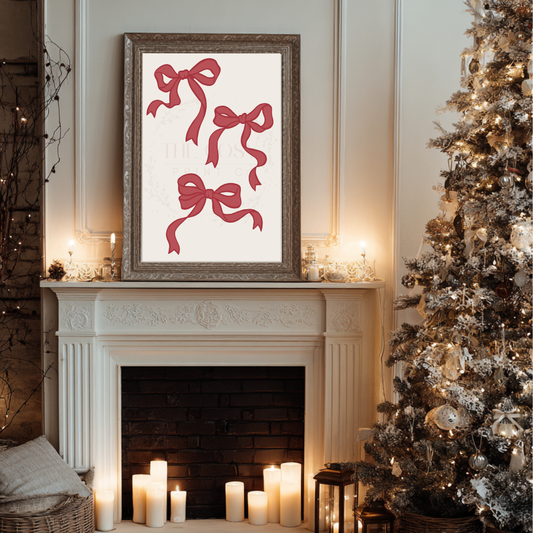 Hand-drawn red bows on a cream background Christmas print.