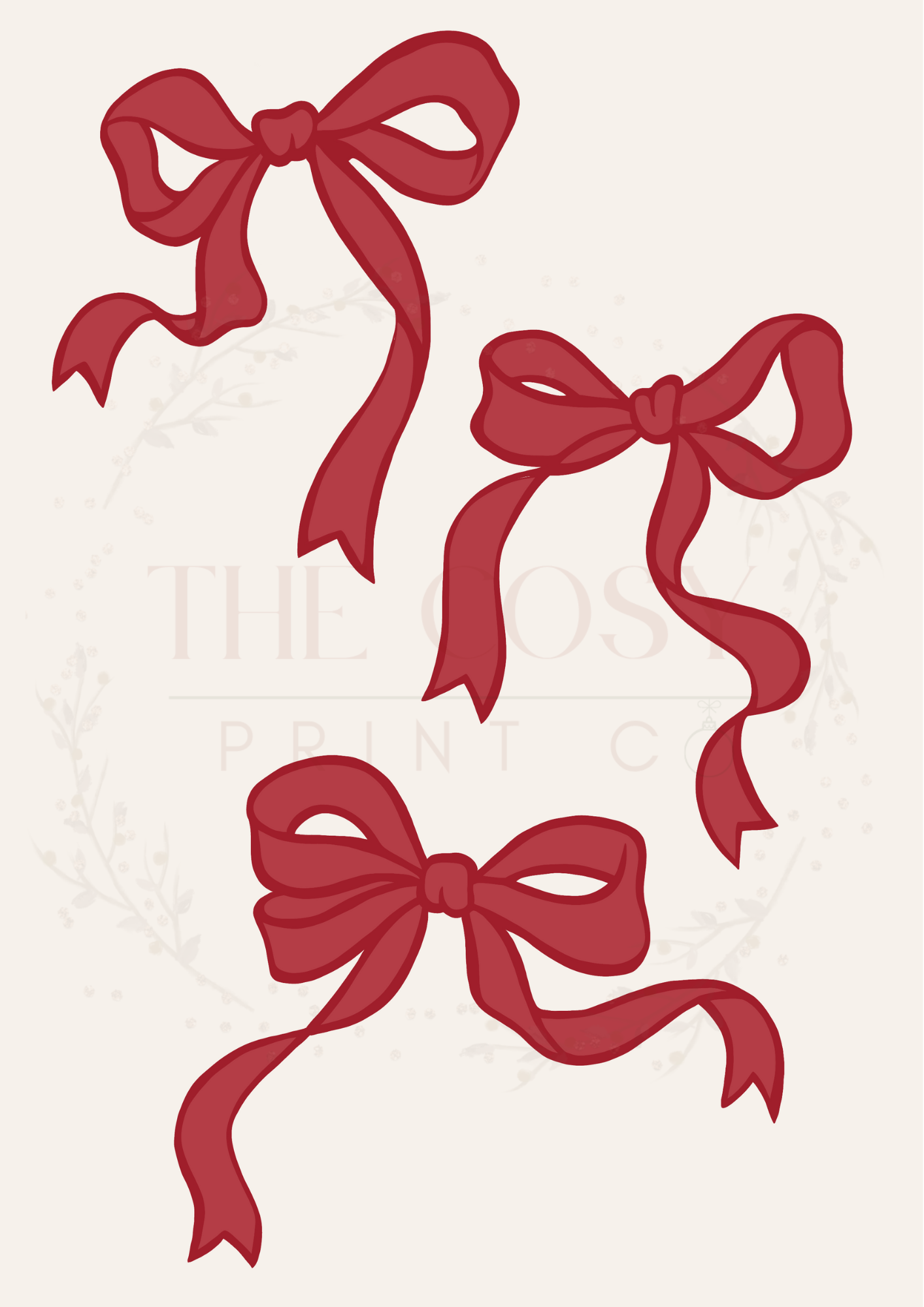 Hand-drawn red bows on a cream background Christmas print.