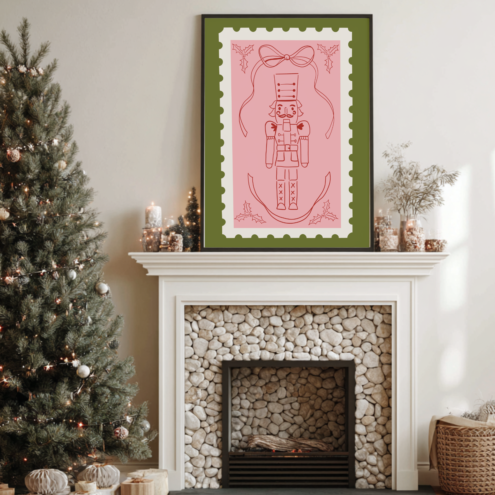 Hand-drawn stamp-style Christmas print with a nutcracker in traditional green and soft pink on ColourLok paper.
