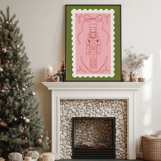 Hand-drawn stamp-style Christmas print with a nutcracker in traditional green and soft pink on ColourLok paper.