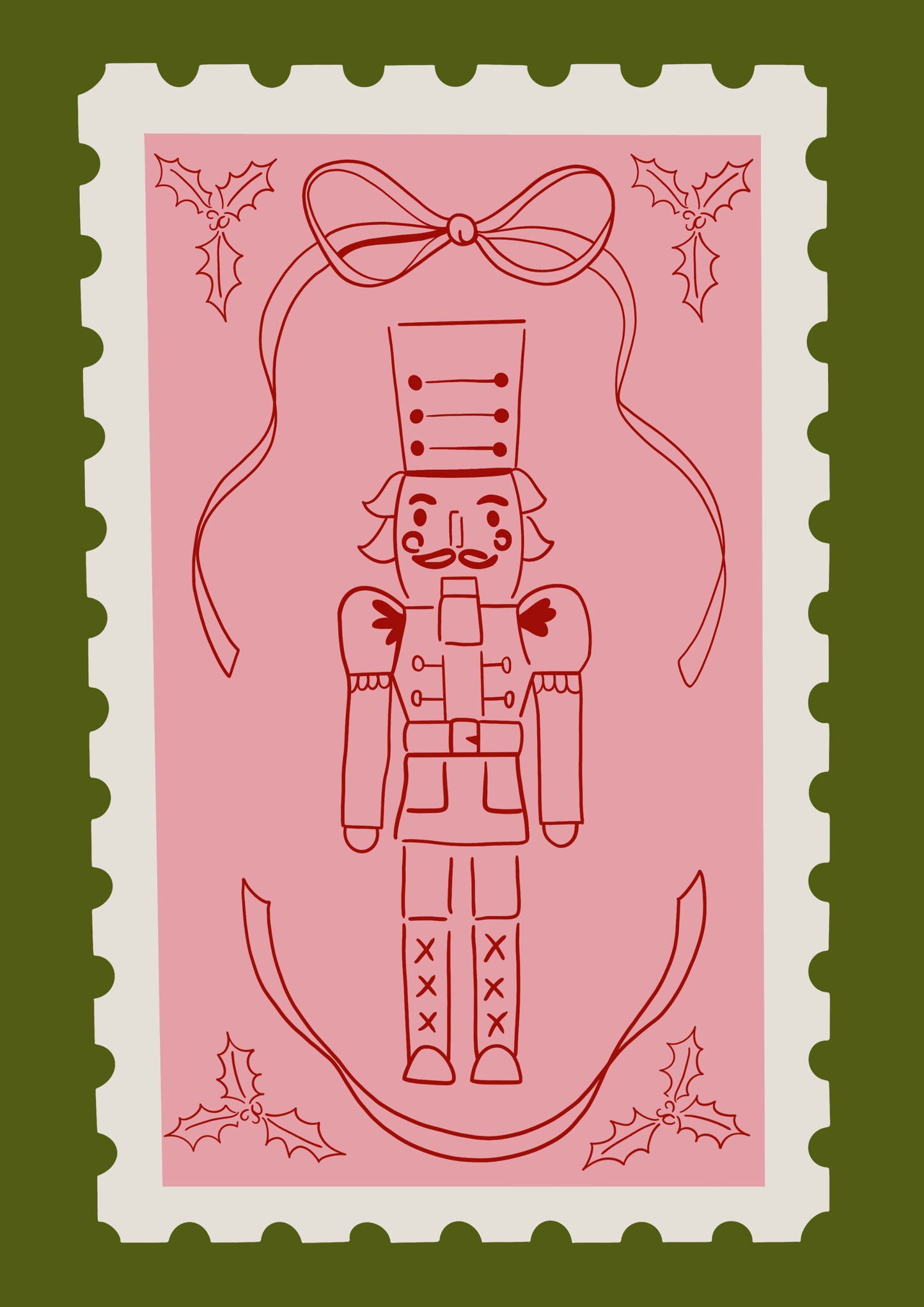 Hand-drawn stamp-style Christmas print with a nutcracker in traditional green and soft pink on ColourLok paper.