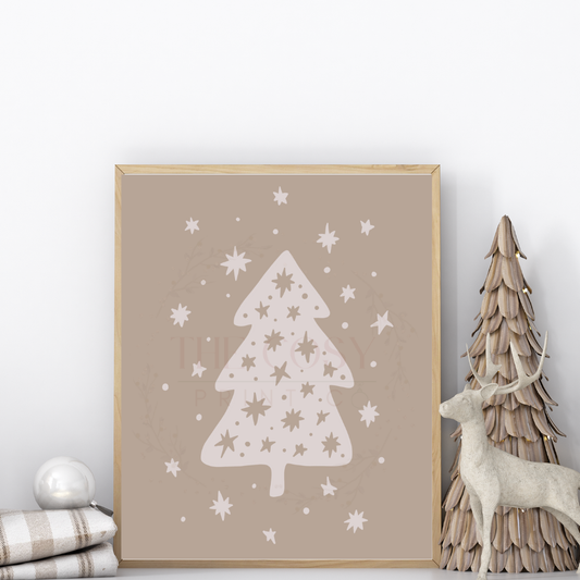 Hand-drawn starry Christmas tree print in light browns and creams.