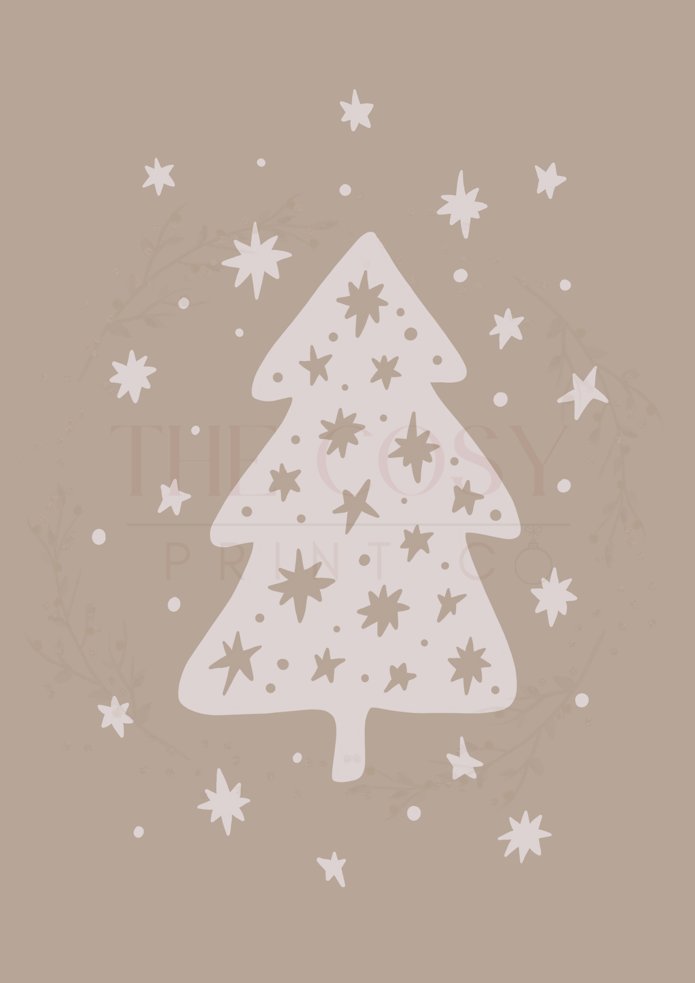 Hand-drawn starry Christmas tree print in light browns and creams.