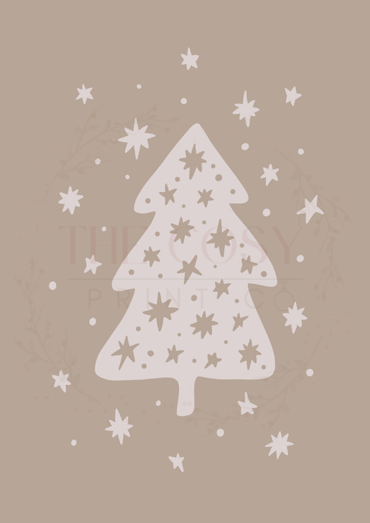 Hand-drawn starry Christmas tree print in light browns and creams.