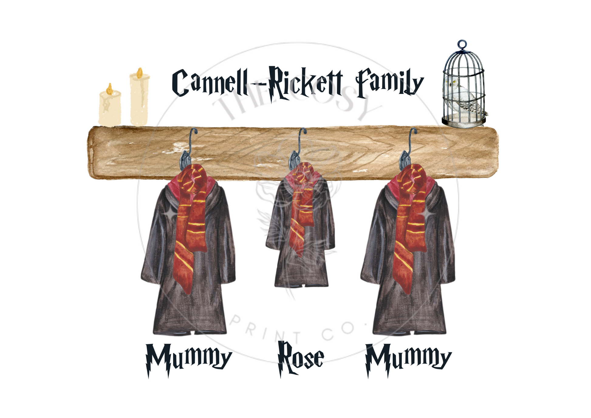 Harry Potter-inspired family print with hanging wizard robes and personalised names