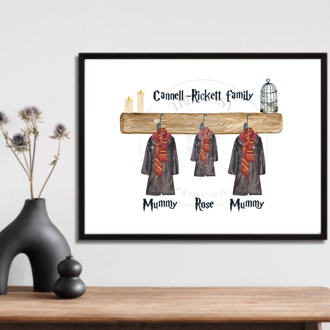 Harry Potter-inspired family print with hanging wizard robes and personalised names