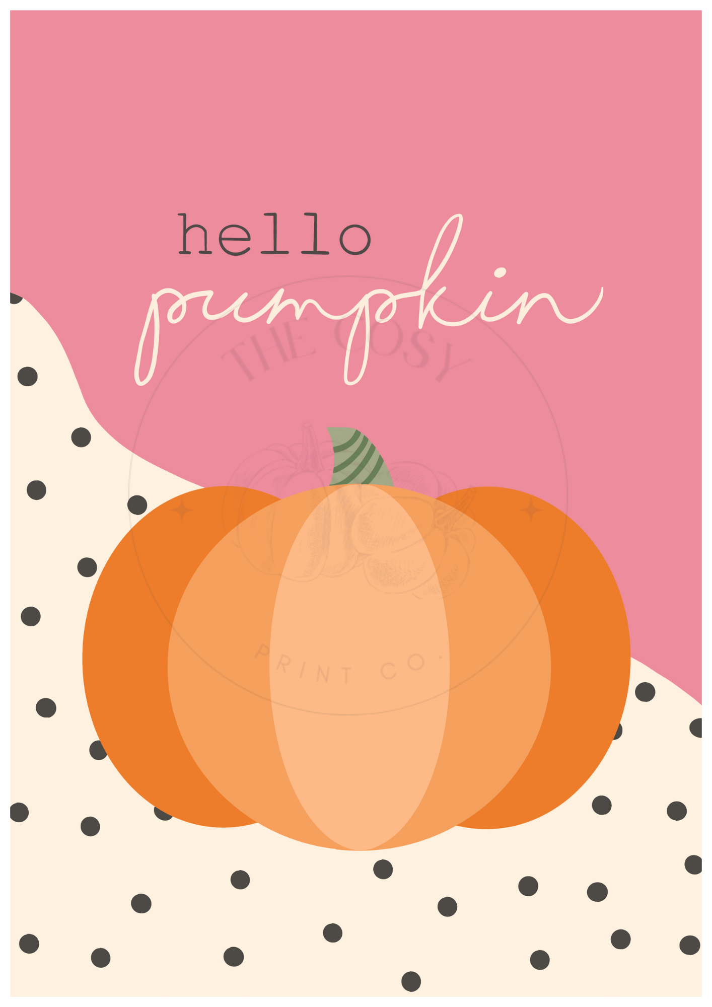 Hello Pumpkin funky wall art print in bright pink and cream – playful autumn home décor