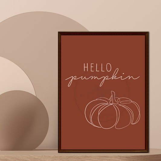 Hello Pumpkin simple line wall art print in warm brown and white – minimalist autumn home décor