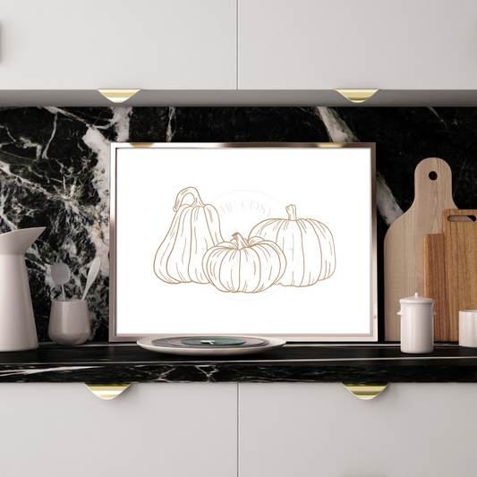 Landscape line drawing of pumpkins autumn wall art print – minimalist seasonal home décor