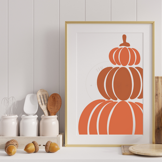 Large pumpkin wall art print in greige and orange – bold autumn home décor artwork