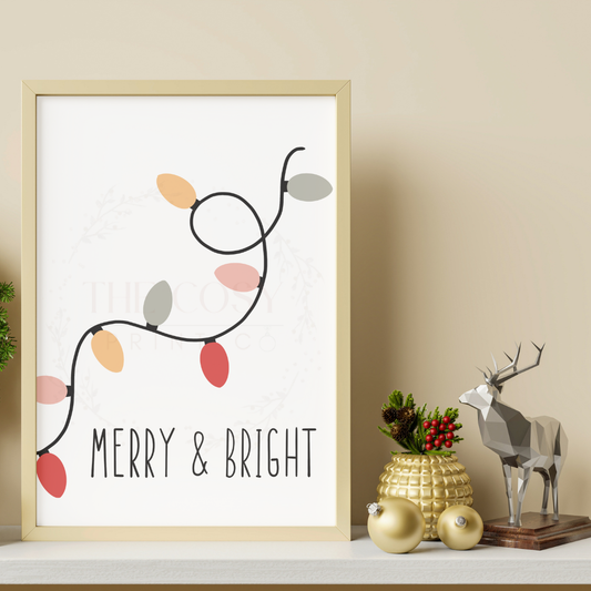 Merry and Bright Christmas print with bold hand-drawn Christmas lights wrapped around festive lettering.