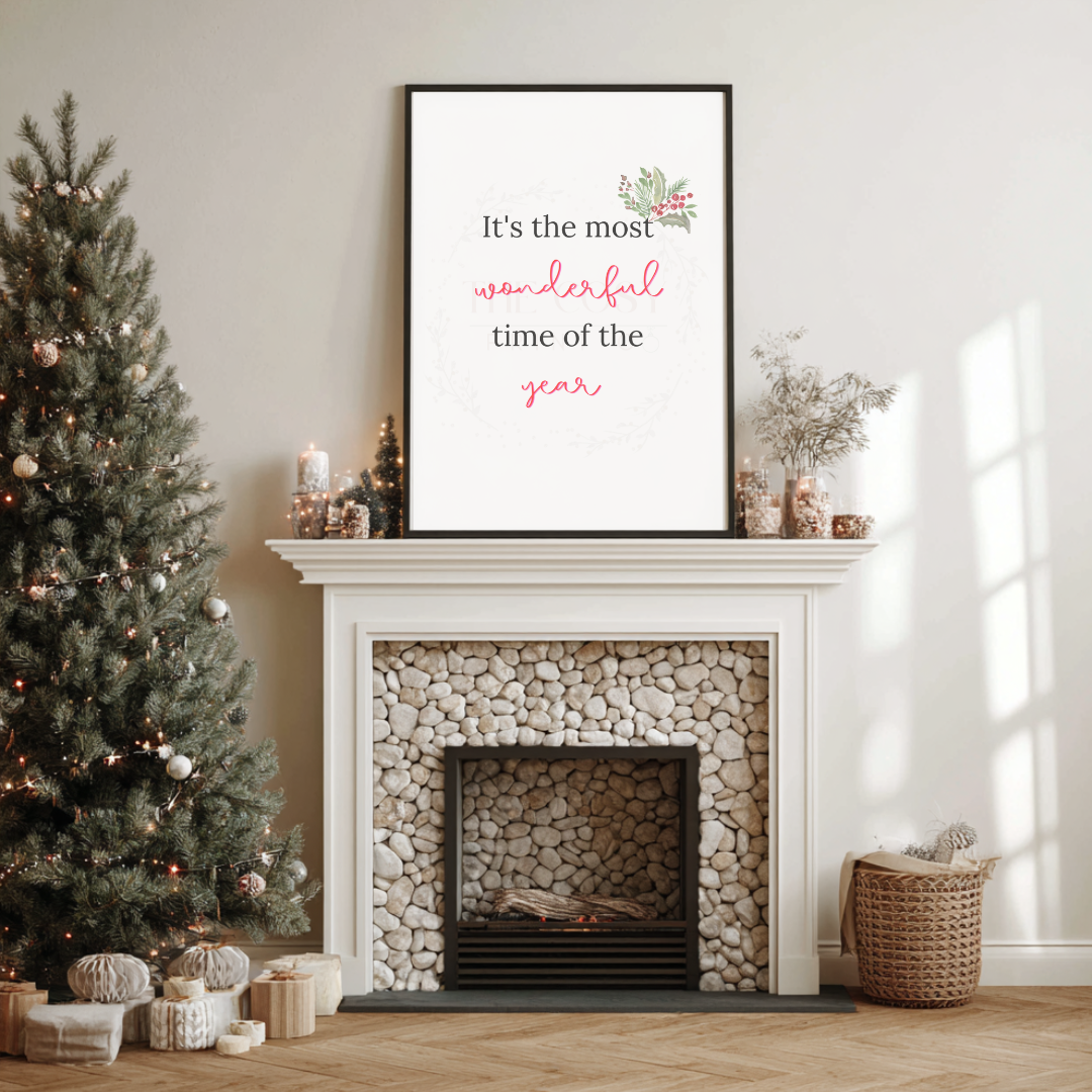 Minimal Christmas print with hand-lettered text reading “It’s the Most Wonderful Time of the Year” on a neutral background.