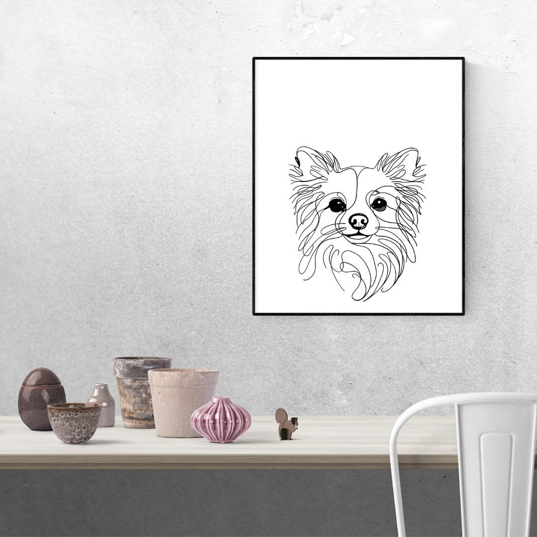 Minimal black line art illustration of a Chihuahua, with space underneath for a personalised dog name.