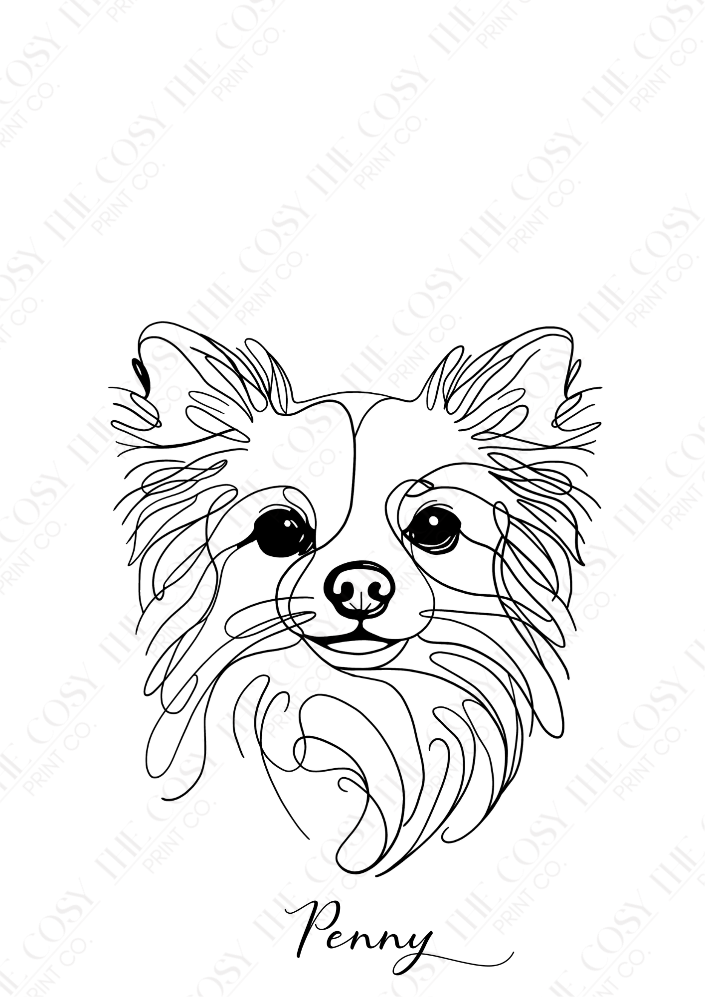 Minimal black line art illustration of a Chihuahua, with space underneath for a personalised dog name.
