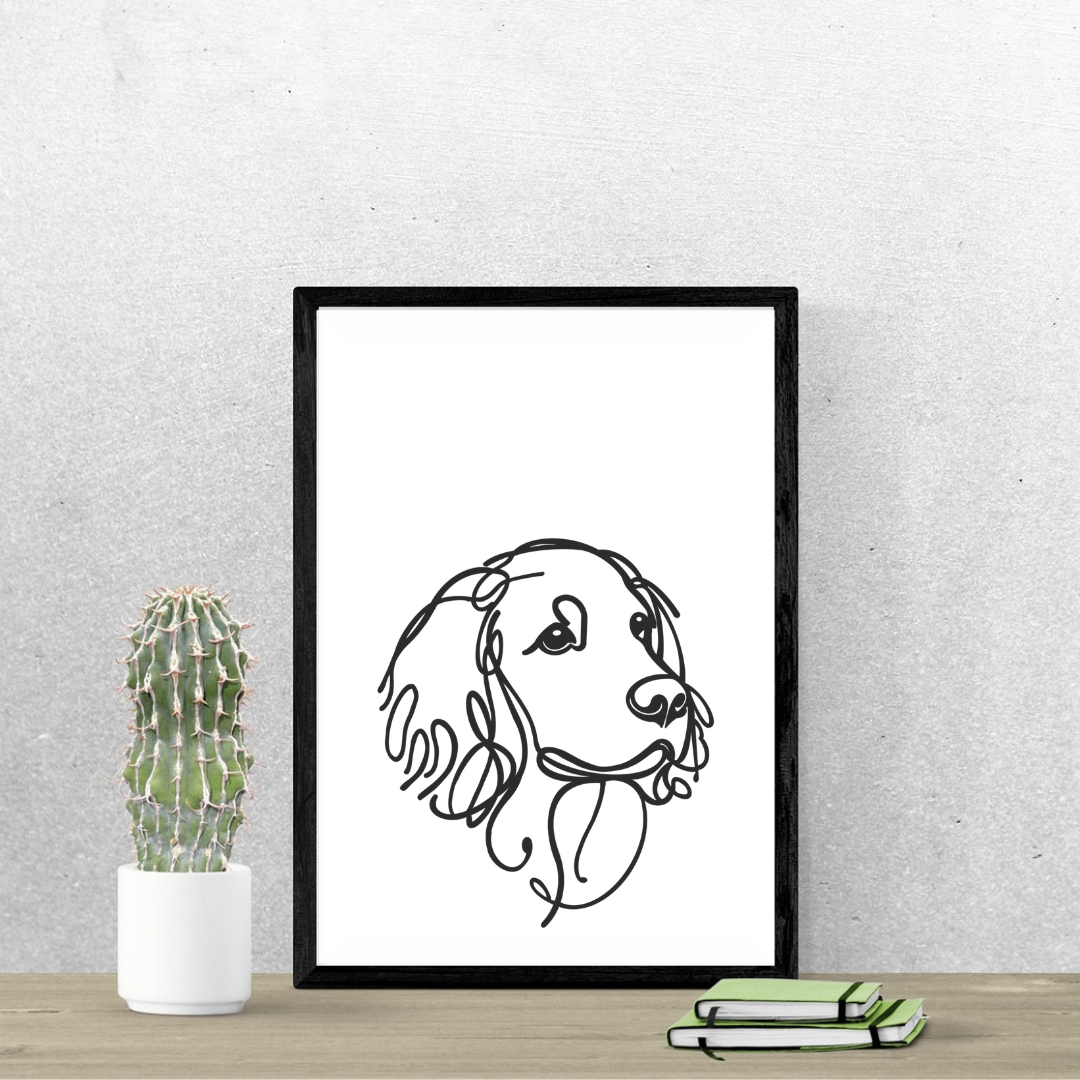 Minimal black line art illustration of a Cocker/Springer Spaniel with long ears, with space below for a personalised dog name.