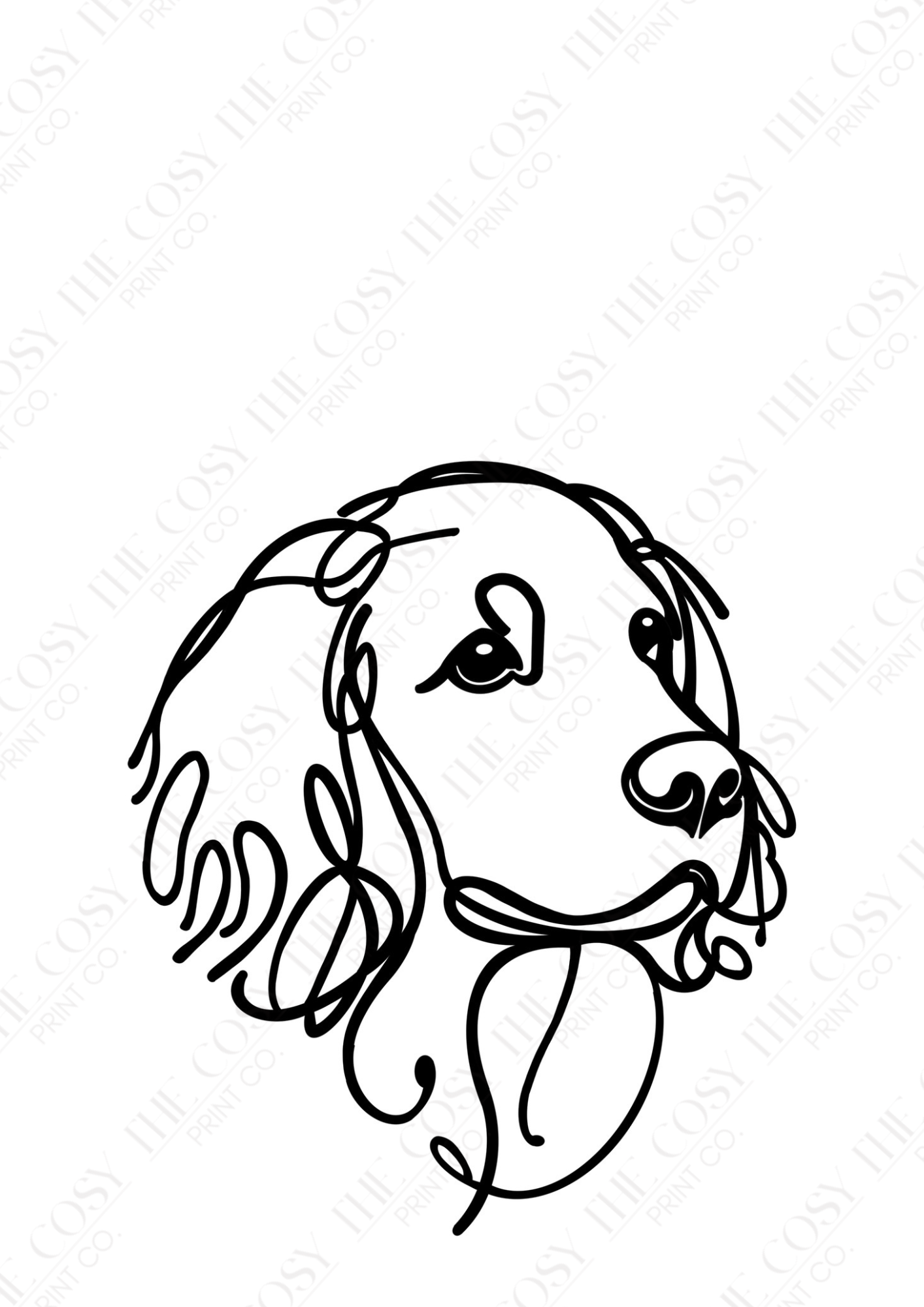 Minimal black line art illustration of a Cocker/Springer Spaniel with long ears, with space below for a personalised dog name.