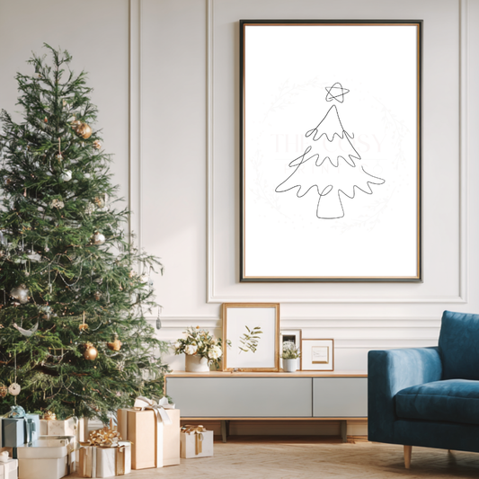 Minimalist hand-drawn line Christmas tree print on a white or cream background.