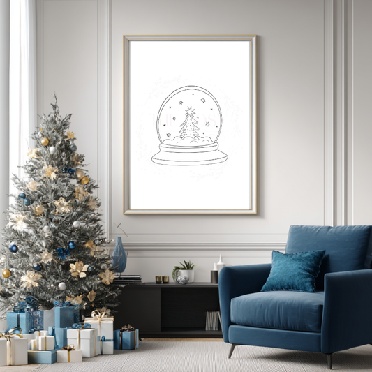 Minimalist hand-drawn snow globe line drawing on a white or cream background.