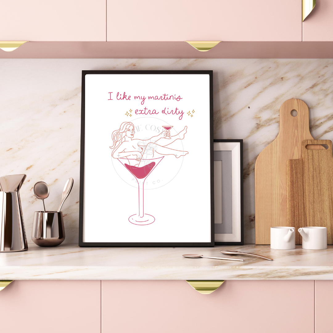Minimalist line drawing of a woman reclining in a martini glass with the quote 'I Like My Martinis Extra Dirty