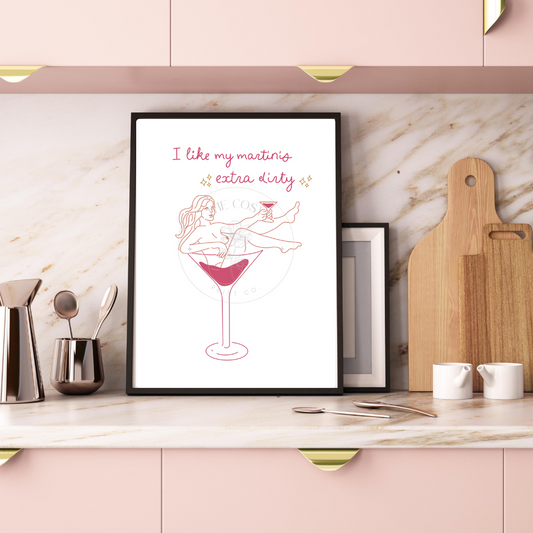 Minimalist line drawing of a woman reclining in a martini glass with the quote 'I Like My Martinis Extra Dirty
