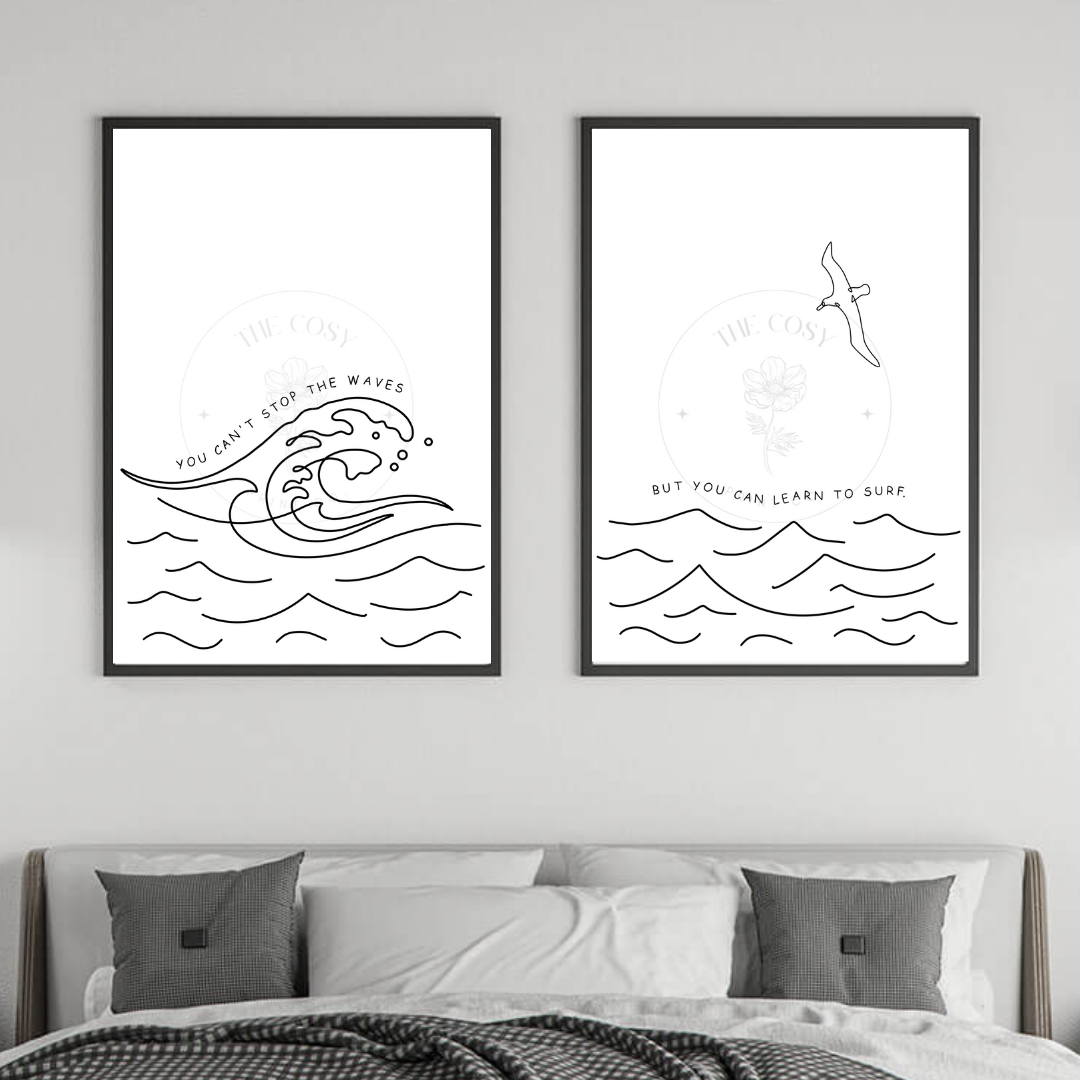 Learn to Surf – Black & White Line Drawing Print